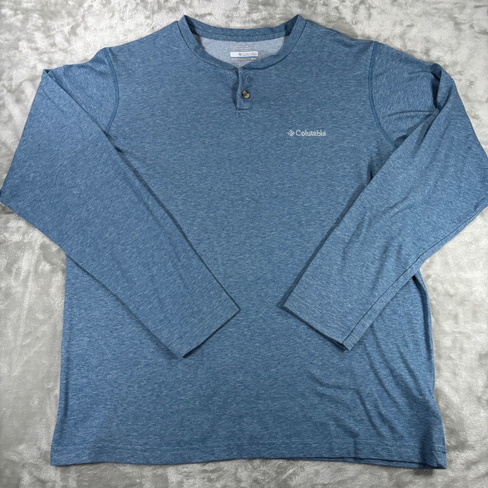 Columbia Omni-Wick Mens Medium Blue Heathered Long Sleeve Henley Shirt Logo
